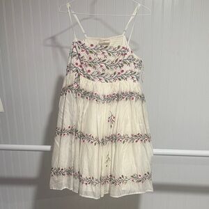 Anthropologie Cream Dress with Pink & Green Floral Embroidery